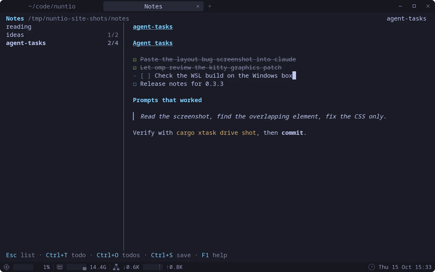 The nuntio notes app: a list of three notes with todo progress such as 2/4, and the note agent-tasks rendered with a heading, checked and open todos, a quote and inline code