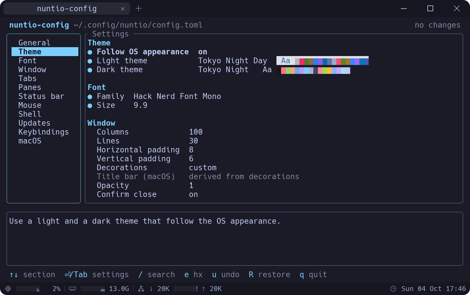 nuntio-config showing the Theme section with a light and a dark theme that follow the OS appearance