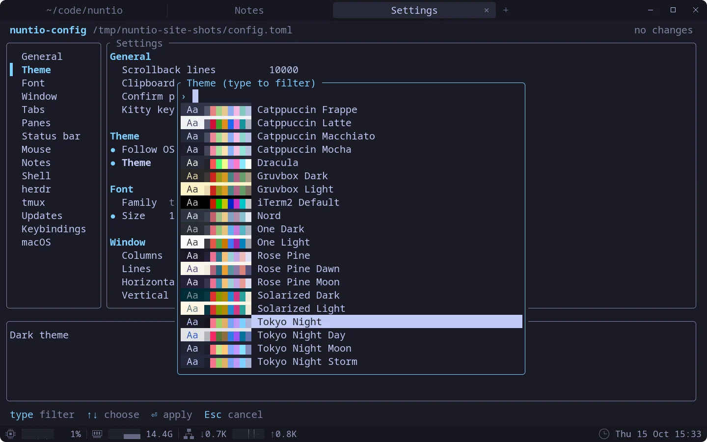 nuntio-config with its section list on the left, including Notes, herdr and tmux, and the theme picker open, showing a colour preview for each of the 20 built-in themes